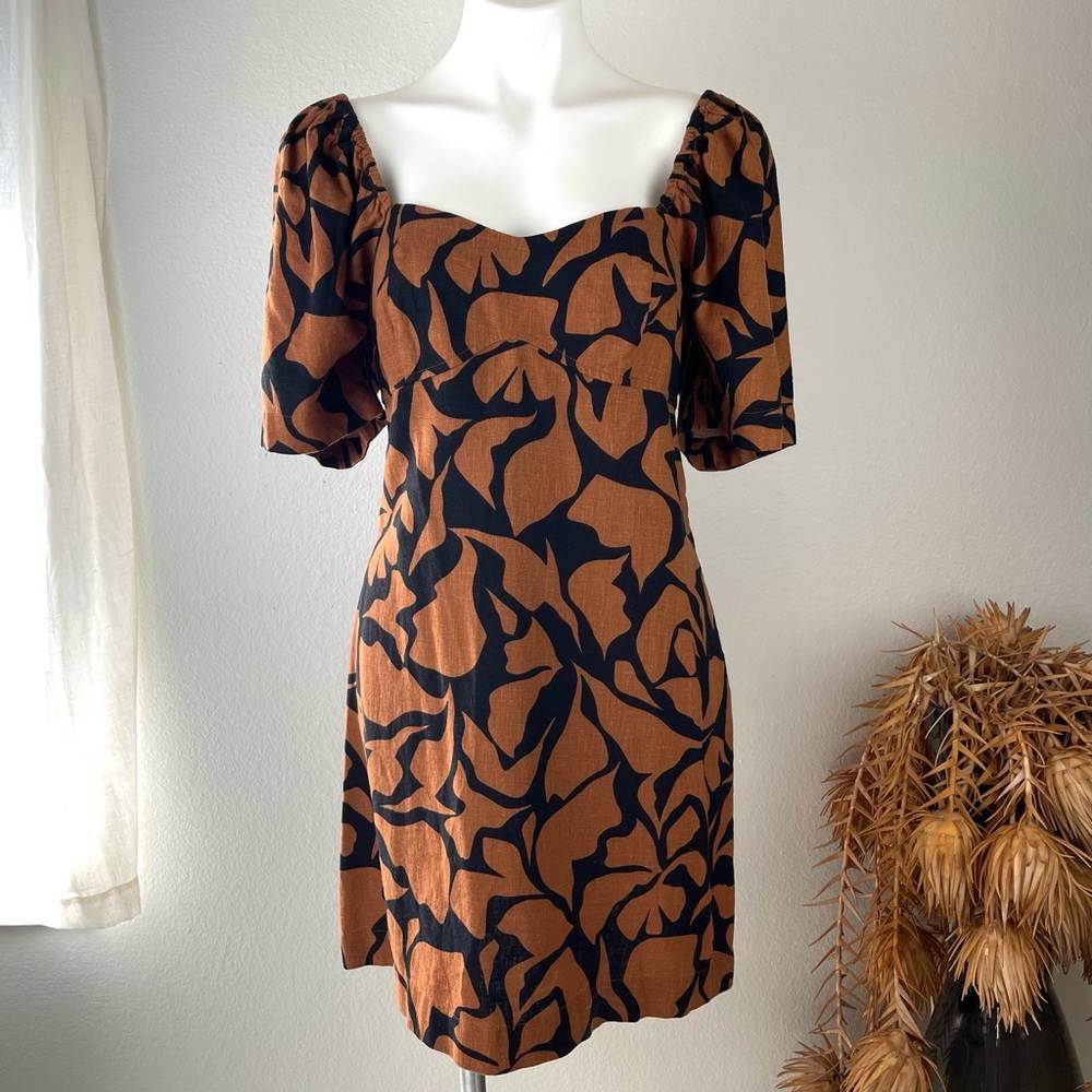 NWT A New Day Rust Black Geo Pattern Sweetheart Neck Puff Sleeve Mini Dress
